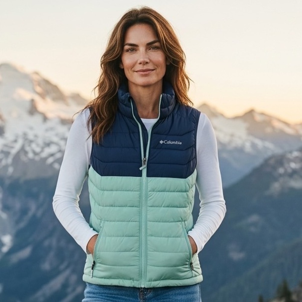 Columbia Powder Lite Puffer Vest Mint Green Omni-Heat M Womens Hike Camp Layer